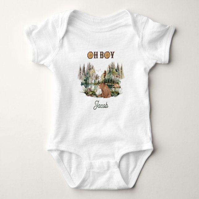 Rustikaler Waldbär und Tiere Oh Boy Baby Strampler (Vorderseite)