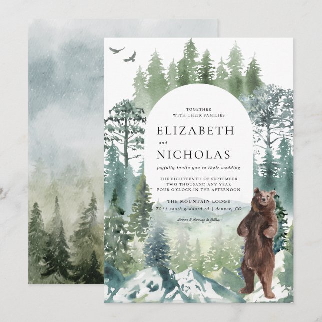 Rustikaler Waldberg | Hochzeit von Camping Einladung (Vorne/Hinten)
