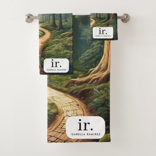 Rustikaler Waldweg mit Name und Monogramm Badhandtuch Set (Insitu)