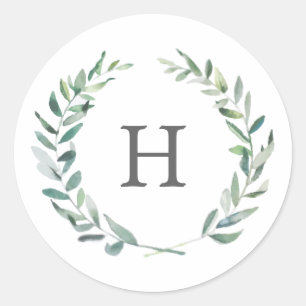 Rustikaler Wasserfarbe-Grünkränze-Monogramm-Hochze Runder Aufkleber