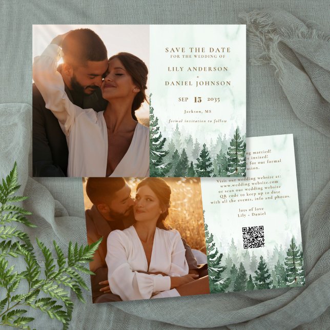 Rustikaler Wasserfarben-Kiefernhain-Foto-QR-Code Save The Date (Rustic Watercolor Pine Forest Photo QR Code Save The Date)