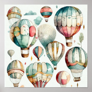 Rustikaler Wasserfarben-Kunstdruck Heißluftballons Poster