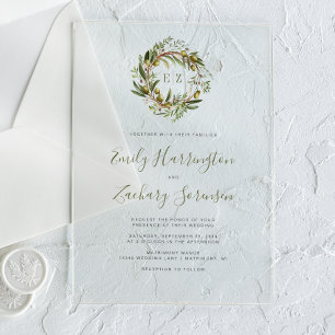 Rustikaler Wasserfarben-Olivenkranz-Hochzeit Acryleinladungen