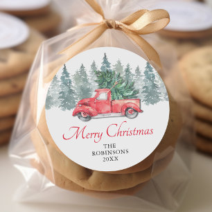 Rustikaler Wasserfarben-Roter-LKW-Weihnachtsurlaub Runder Aufkleber