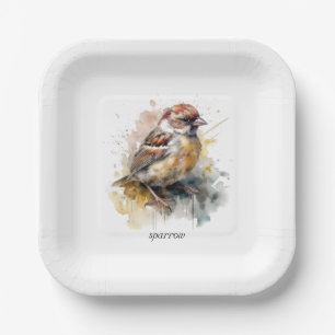 Rustikaler Wasserfarben-Spatz, individuell anpassb Pappteller