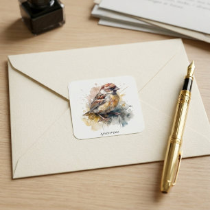 Rustikaler Wasserfarben-Spatz, individuell Quadratischer Aufkleber