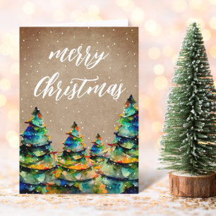 Rustikaler Wasserfarben-Weihnachtsbaum-Schneeflock Feiertagskarte