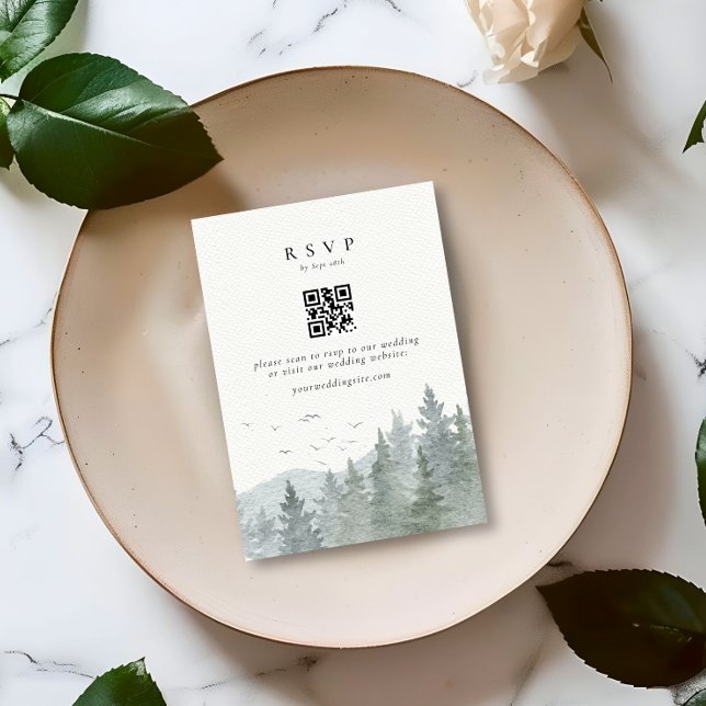 Rustikaler Wasserfarbenbaum Hochzeit QR-Code RSVP Karte (Von Creator hochgeladen)