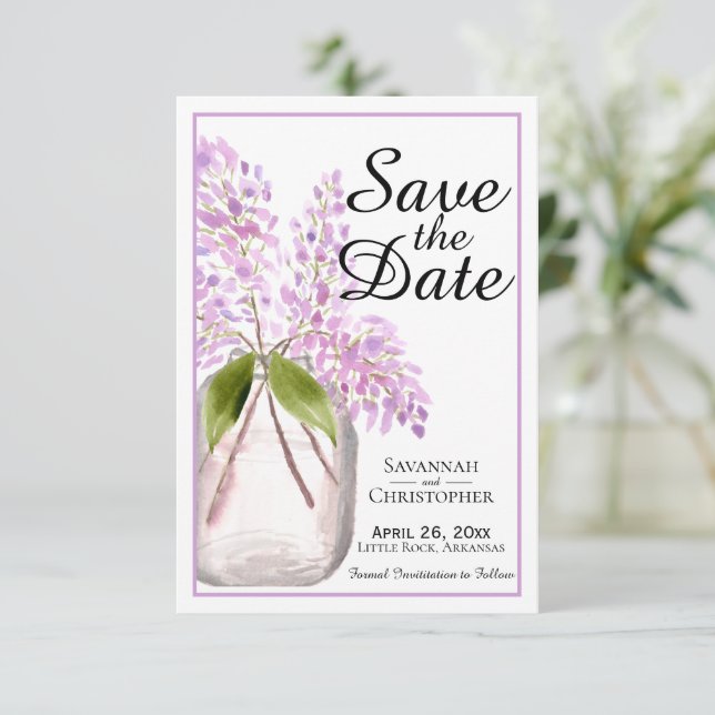 Rustikaler Wasserfarbenfrost Jar von Lilac-Blume H Save The Date (Stehend Vorderseite)