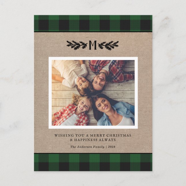 Rustikaler Weihnachts-Burlap Monogram Foto Holiday Postkarte (Vorderseite)