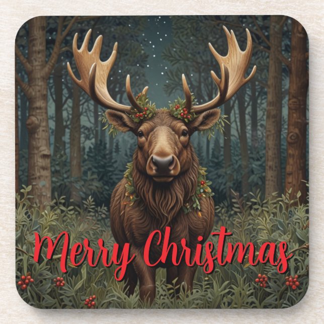 Rustikaler Weihnachts-Elch Hirsch Boho-Wald  Getränkeuntersetzer (Vorderseite)