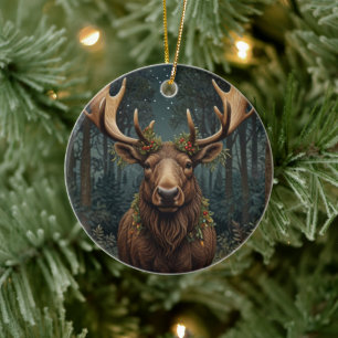 Rustikaler Weihnachts-Elch Hirsch Boho-Wald  Keramik Ornament