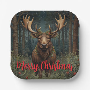 Rustikaler Weihnachts-Elch-Hirsch-Boho-Wald  Pappteller