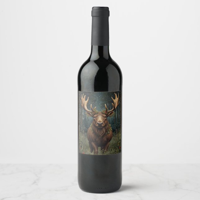 Rustikaler Weihnachts-Elch-Hirsch-Boho-Wald  Weinetikett (Vorderseite)