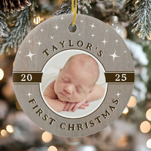 Rustikaler Weihnachts-Foto-Schmuck für Babys erste Keramik Ornament