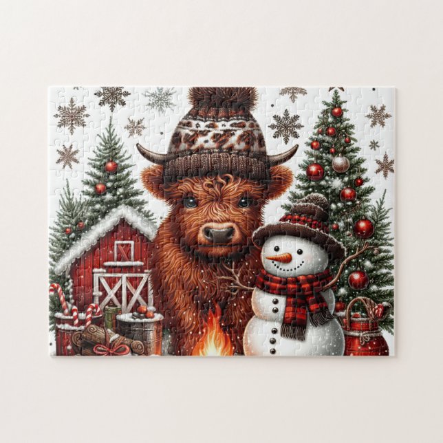 Rustikaler Weihnachts-Hochlandkuh Puzzle (Horizontal)