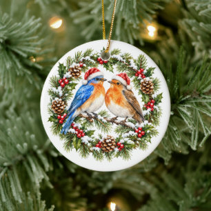 Rustikaler Weihnachts-Liebesvögel-Kranz Benutzerde Keramik Ornament