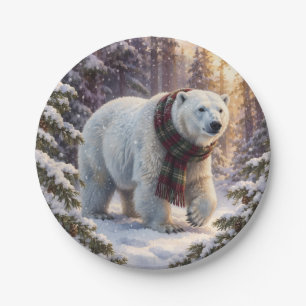 Rustikaler Weihnachts-Wasserfarben-Eisbär-Karo-Sch Pappteller