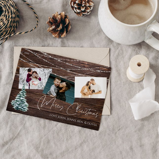 Rustikaler Weihnachtsbaum 3 Foto & Lights, Holzkar Einladung (Von Creator hochgeladen)