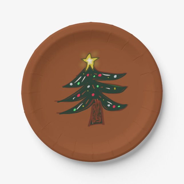Rustikaler Weihnachtsbaum auf Braun  Pappteller (Vorderseite)