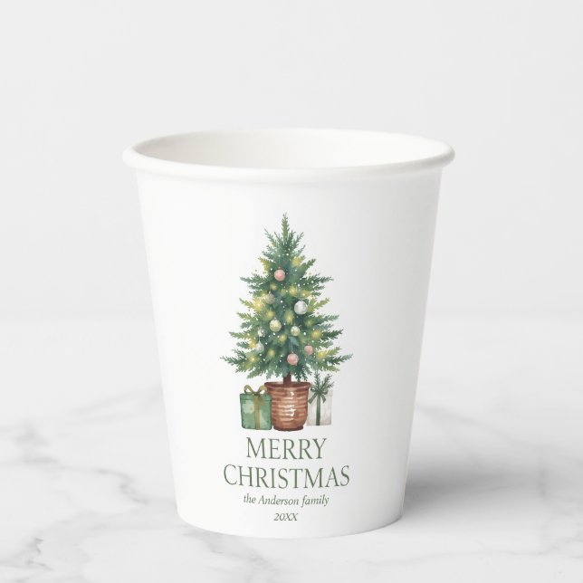 Rustikaler Weihnachtsbaum außerhalb des Fotos Pappbecher (Vorderseite)