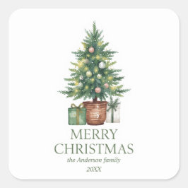 Rustikaler Weihnachtsbaum außerhalb des Fotos Quadratischer Aufkleber