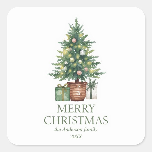 Rustikaler Weihnachtsbaum außerhalb des Fotos Quadratischer Aufkleber (Vorderseite)