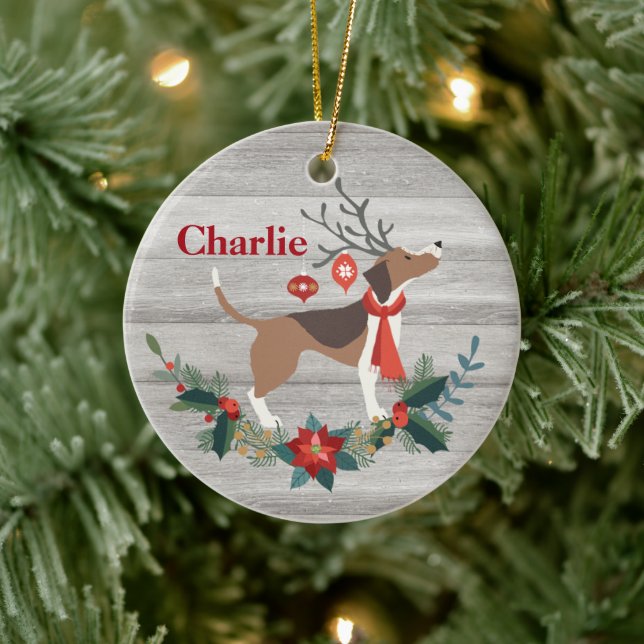 Rustikaler Weihnachtsbaum Beagle Hund Antlers Grün Keramik Ornament (Baum)