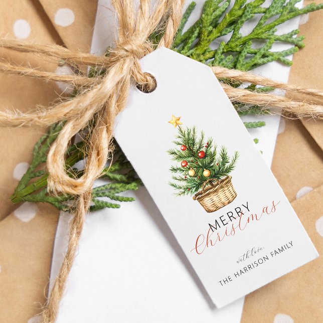 Rustikaler Weihnachtsbaum im Korb personalisiert Geschenkanhänger (Rustic Christmas Tree In Basket Personalized Gift Tags)