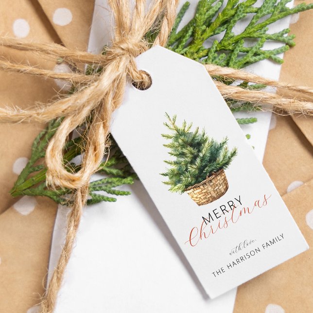 Rustikaler Weihnachtsbaum im Korb personalisiert Geschenkanhänger (Rustic Christmas Tree In Basket Personalized Gift Tags)