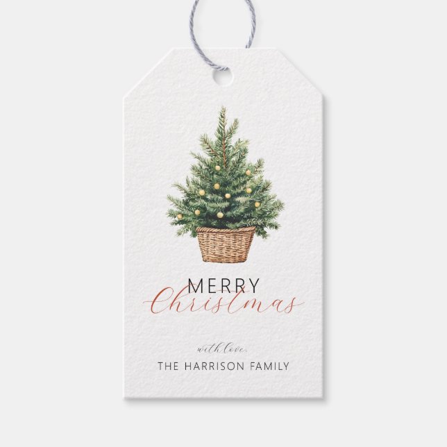 Rustikaler Weihnachtsbaum im Korb personalisiertes Geschenkanhänger (Vorderseite)