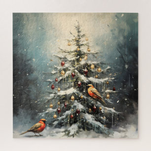 Rustikaler Weihnachtsbaum im Winter Schnee Rote Vö Puzzle
