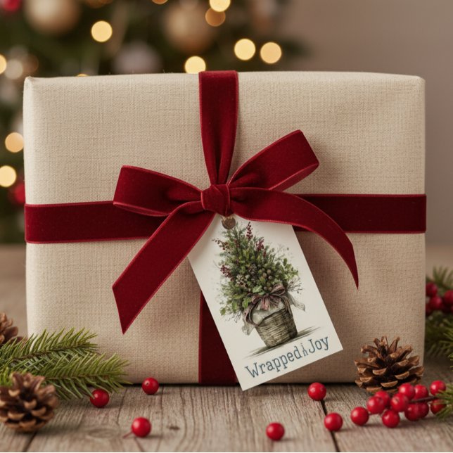 Rustikaler Weihnachtsbaum-Korb "Wrapped in Joy" Geschenkanhänger (Von Creator hochgeladen)