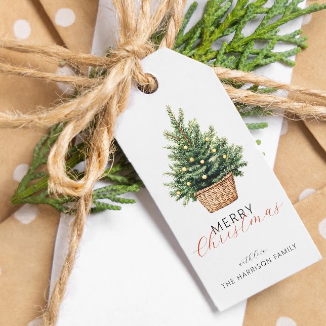Rustikaler Weihnachtsbaum personalisiert Geschenkanhänger (Rustic Christmas Tree In Basket Personalized Gift Tags)