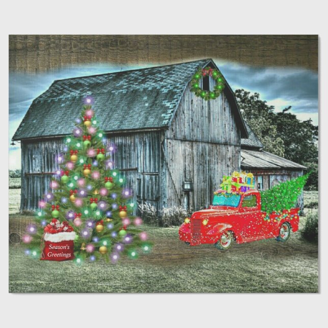 Rustikaler Weihnachtsbaum Truck Weihnachtsbaum auf Geschenkpapier (Flach)