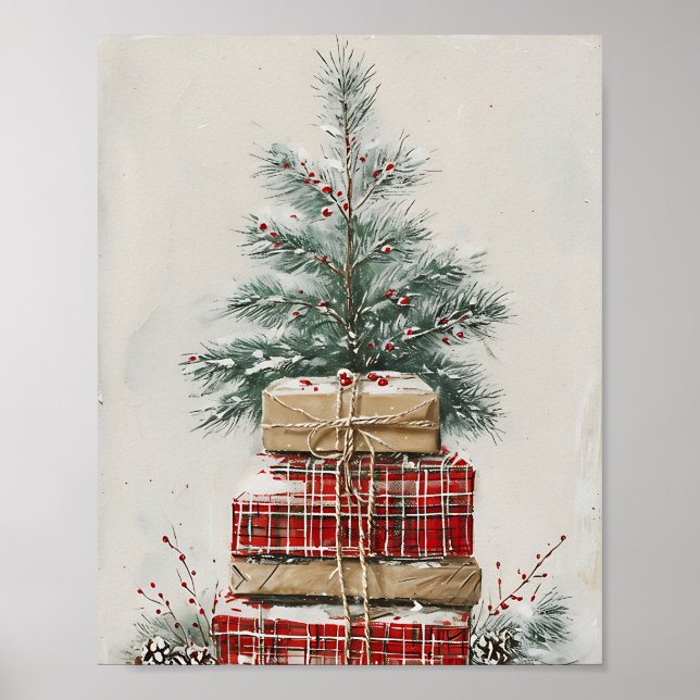 Rustikaler Weihnachtsbaum und Karierter Geschenkst Poster (Vorne)