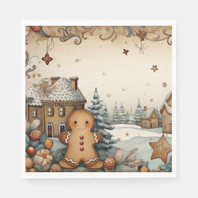 Rustikaler Weihnachtsdorf-Mann aus Lebkuchen Serviette (Vorderseite)