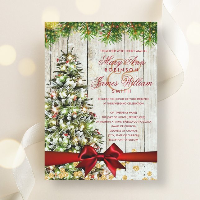 Rustikaler Weihnachtsduft Tree Ribbon Gold Glitzer Einladung (Rustic Christmas Wedding Tree Ribbon Gold Glitter Invitation)