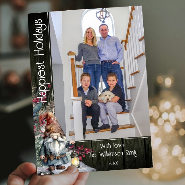 Rustikaler Weihnachtsgnome | Grünes Foto Feiertagskarte (Green Rustic Watercolor Christmas Gnome Photo Holiday Card)