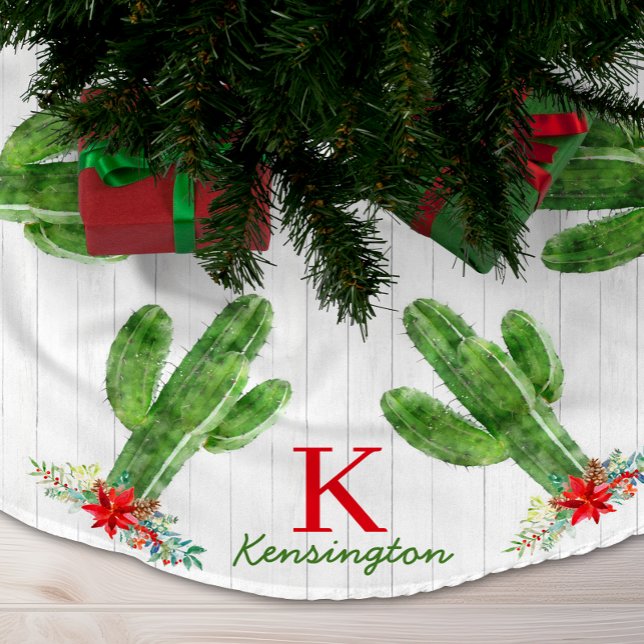 Rustikaler Weihnachtskaktus Südwestmonogramm Polyester Weihnachtsbaumdecke (Rustic Christmas Cactus Southwestern Monogram Brushed Polyester Tree Skirt)