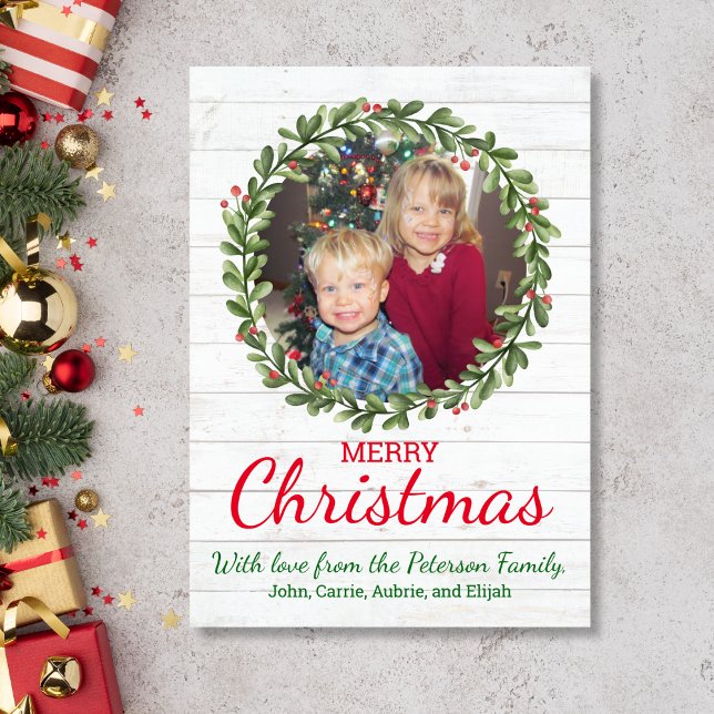 Rustikaler Weihnachtskranz Feiertagskarte (Christmas Card with holly wreath and photo)