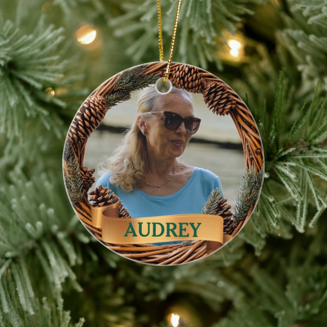 Rustikaler Weihnachtskranz JEDES Foto Baumschmuck Keramik Ornament (Baum)