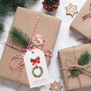 Rustikaler Weihnachtskranz Red Bow Minimalistisch Geschenkanhänger