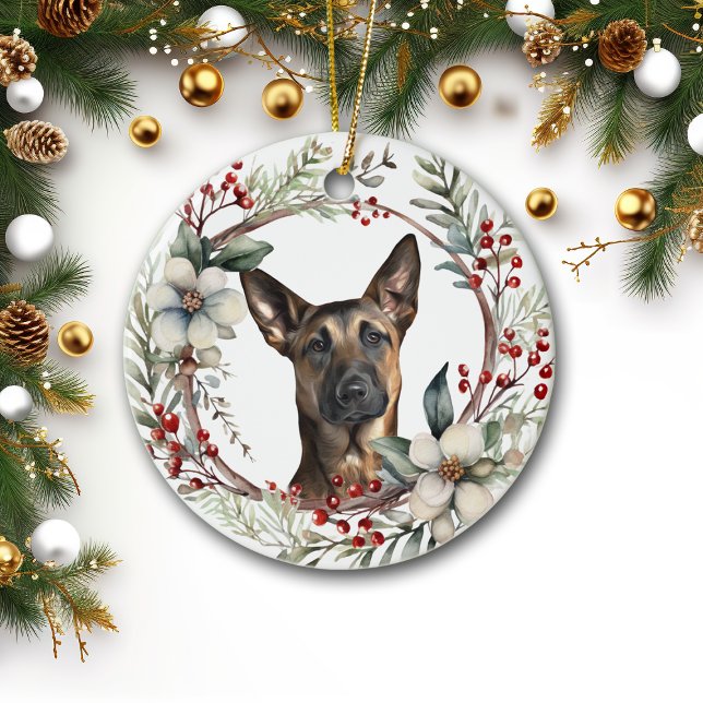 Rustikaler Weihnachtskraut Belgischer Malinois Hun Keramik Ornament (Von Creator hochgeladen)