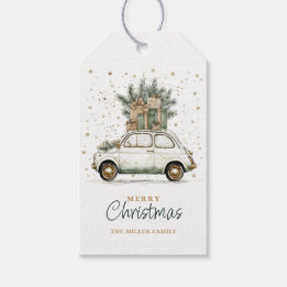 Rustikaler Weihnachtsmann-Auto-Wasserfarben Geschenkanhänger
