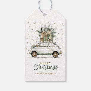 Rustikaler Weihnachtsmann-Auto-Wasserfarben Geschenkanhänger