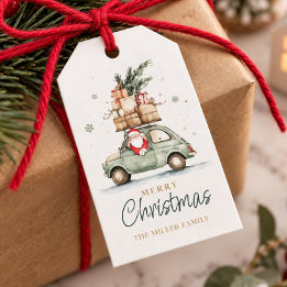 Rustikaler Weihnachtsmann-Auto-Wasserfarben Geschenkanhänger