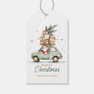 Rustikaler Weihnachtsmann-Auto-Wasserfarben Geschenkanhänger