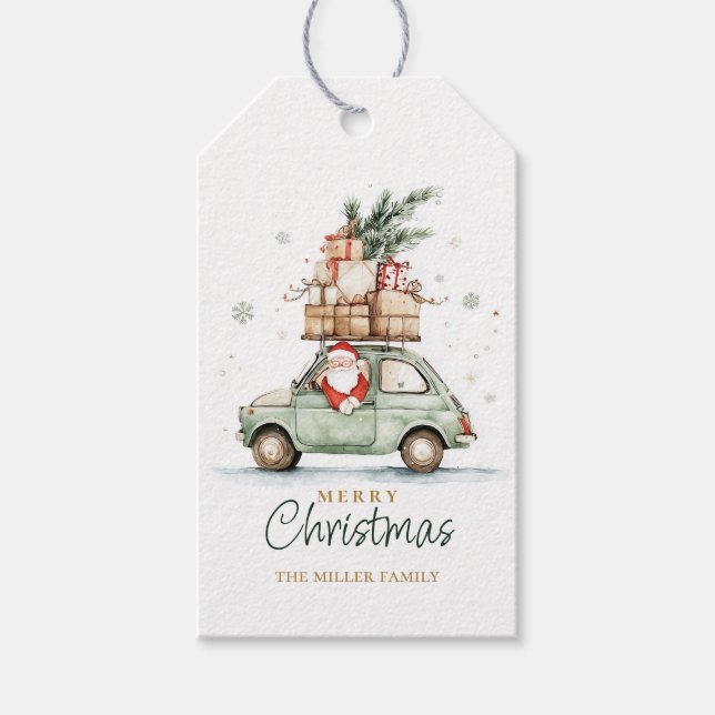 Rustikaler Weihnachtsmann-Auto-Wasserfarben Geschenkanhänger (Vorderseite)