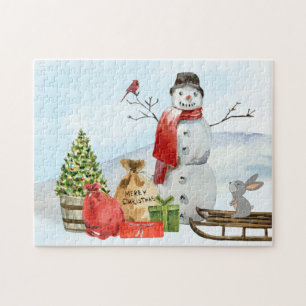 Rustikaler Weihnachtsschneemann, Schnee, Baum Puzzle